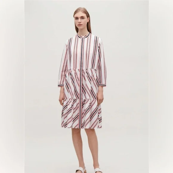 cos striped cotton dress COS Women's Striped Short-Sleeve Shirt Dress in Blue | Cotton